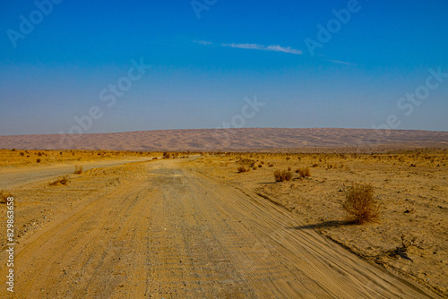 A country road through a sandy desert, barkhan belt, row of sand dunes on the horizon. Iran photo