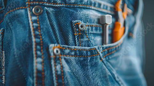 Essential tools tucked in a sturdy denim pocket, symbolizing readiness and skill with jeans in background
 photo