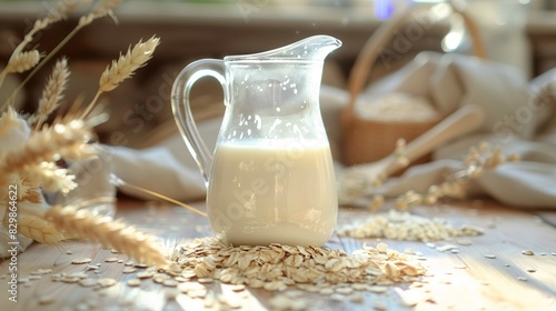 Glass jug with oat milk on a kitchen table, oat flakes around, tasty, healthy & vegan photo