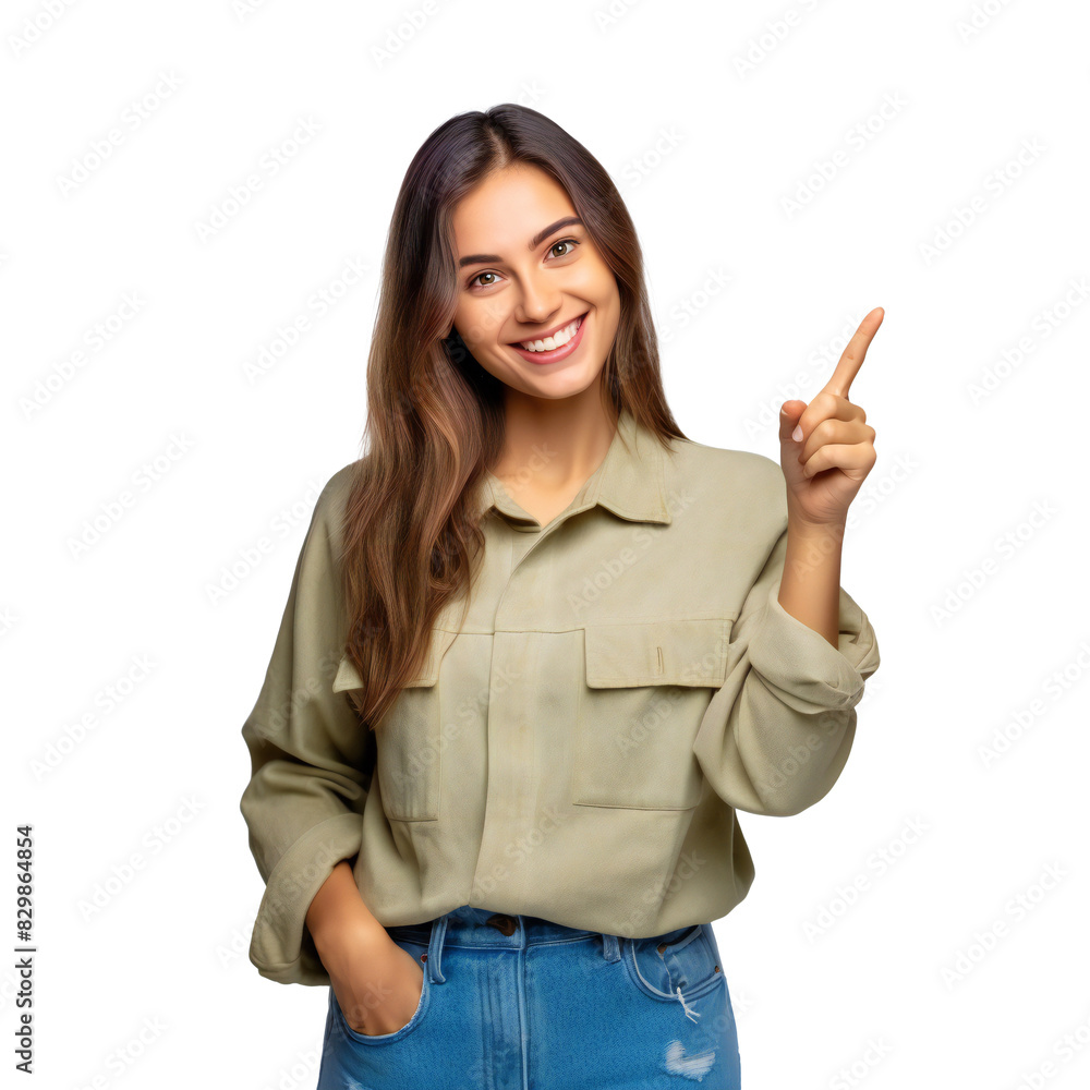 Smiling woman pointing up in casual outfit transparent background Smiling woman pointing up in casual outfit transparent background