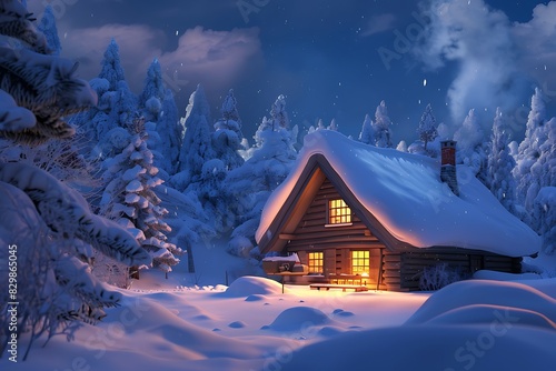 A stylized representation of a snow-covered cabin