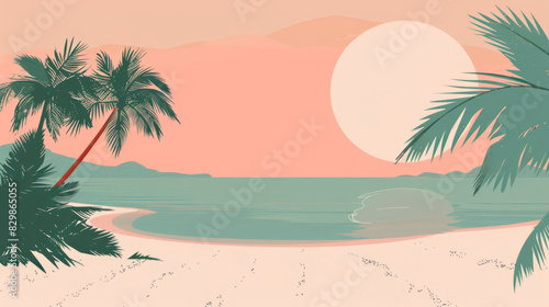 Minimalist boho beach illustration with palm trees at sunset