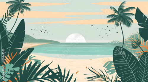Minimalist boho style beach illustration with palm trees and calm ocean