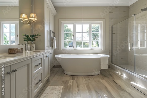 Luxury Bathroom with Wood Flooring and Bathtub  Embracing Elegance and Comfort