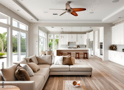 Modern living room and kitchen of new home in Florida with light wood floor, beige sofa set, white cabinets and island counter in the background, ceiling fan hanging from the ceiling