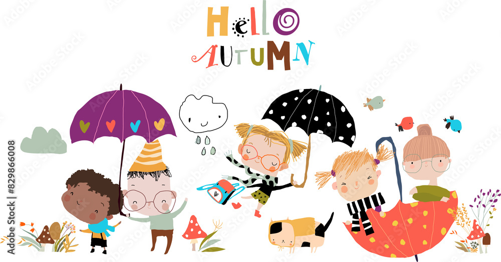 Happy Cartoon Kids meeting Autumn with Color Umbrellas. Vector Illustration