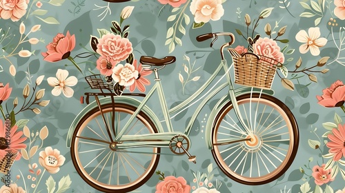 Vintage Bicycle in Blooming Floral Garden with Woven Basket photo