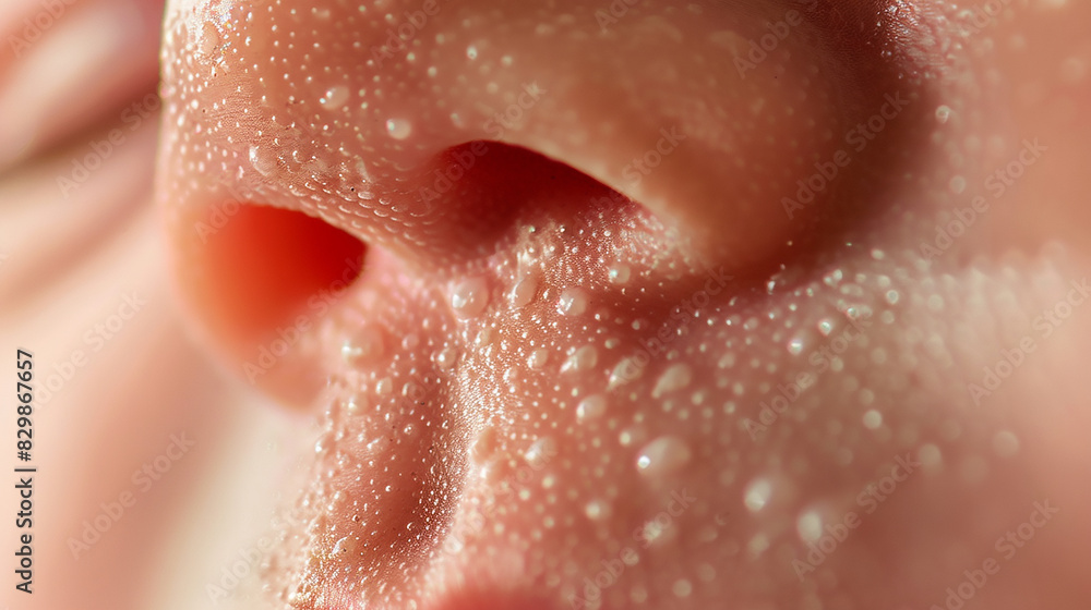 Fototapeta premium Close-up view of a human nose with fine droplets on the skin and detail of pores.