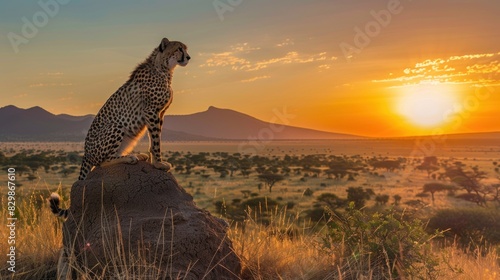 A cheetah perched on a termite mound surveys the expansive savanna, while the panoramic view captures the vibrant colors of the setting sun against the mountains. photo