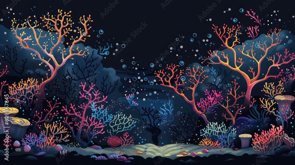 [flat 2d vector illustration of the coral reef, marine style, made of coral, darker around edges, blacker background, darker background, no bloom, no glow, 