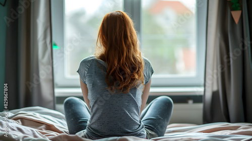 Vista trasera de una mujer triste sentada en su cama mirando por la ventana photo