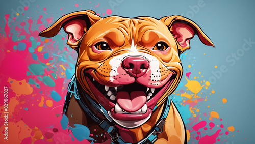 cartoon illustration of a happy looking brown and white pit bull terrier dog.  photo