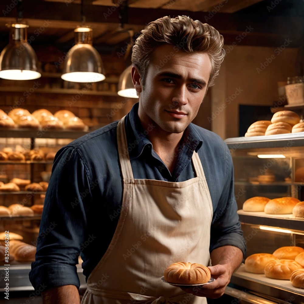 Male baker, man, professional pastry chef bread maker in bakery, selling bread