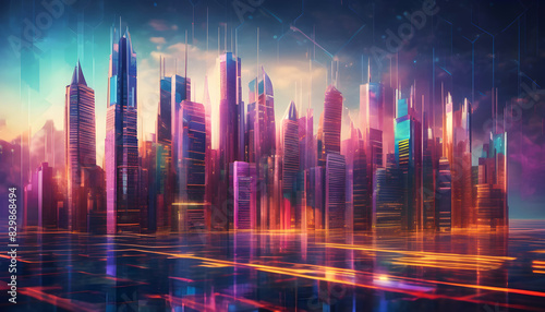 A futuristic city illuminated by neon lights.