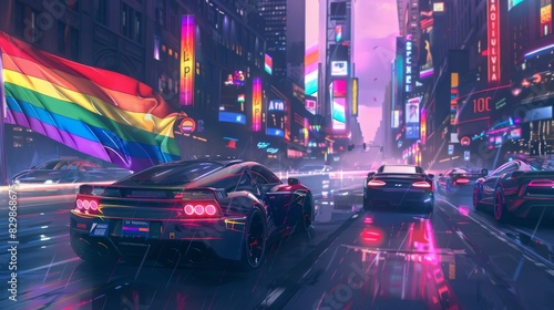 Electric cars decorated with rainbow flags and pride symbols, driving through a futuristic city. Art style: cyberpunk. --ar 16:9 --style raw Job ID: 9aa99909-5c0a-472c-a853-ec722f5ad1c0 © songwut