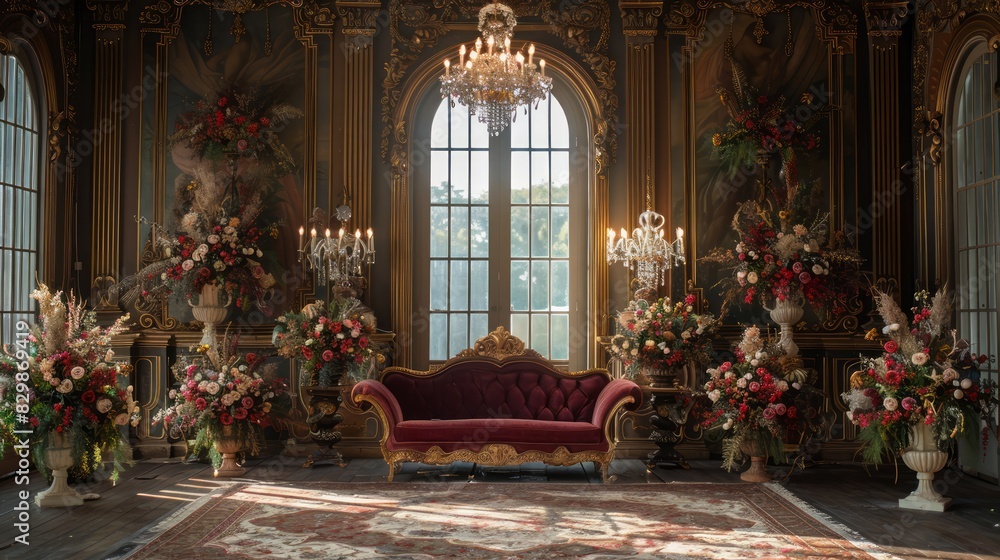 A room with a red couch and a lot of flowers A room with a red couch and a lot of flowers