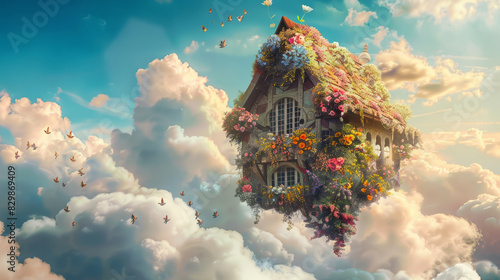 Floating house made of flowers in dreamy cloud landscape