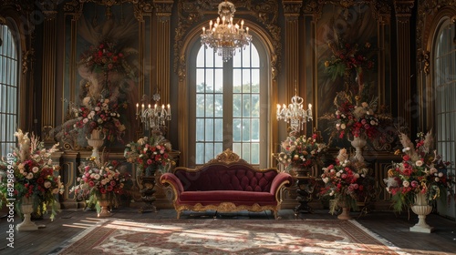 Wallpaper Mural A room with a red couch and a lot of flowers Torontodigital.ca