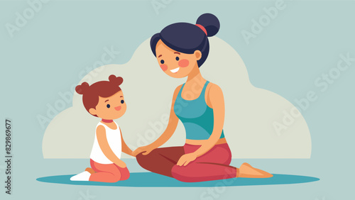 A mother and her toddler both adorned in matching yoga outfits sit facing each other joyfully mimicking each others moves as part of the community yoga session.. Vector illustration