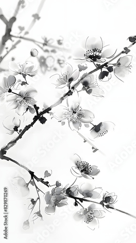chinese ink painting of flowers in white background