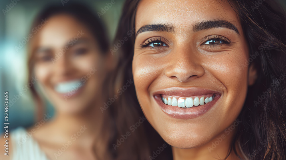 A close-up shot of a HIspanic young woman smiling brightly, with another person blurred in the background.
A close-up shot of a HIspanic young woman smiling brightly, with another person blurred in the background.
