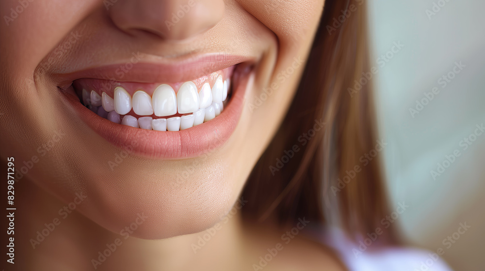 Obraz premium Close-up shot of a woman's smile, highlighting her white teeth and healthy gums, expressing joy and positivity. 