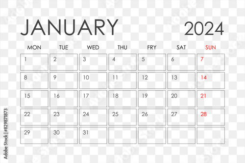 January 2024 Calendar. Week starts on Sunday.