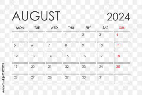 Calendar for August 2024. The week starts on Sunday.