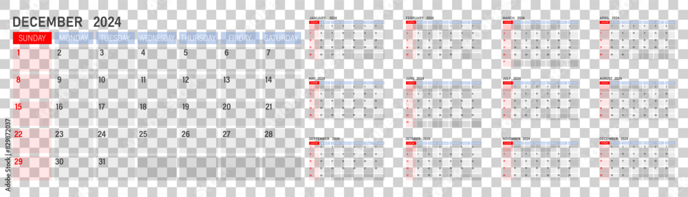 Fototapeta premium Calendar for 2024. The week starts on Sunday. Set for 12 months.