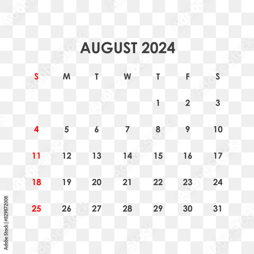 Calendar for August 2024. The week starts on Sunday.