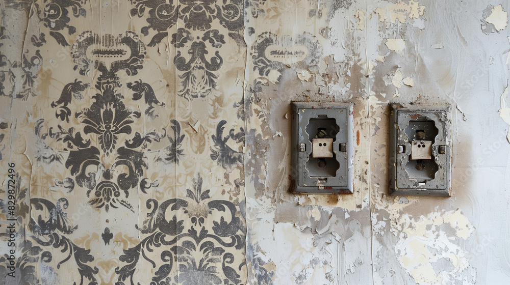 The view shows the thorough preparation of the room for wallpapering, where electrical sockets are carefully exposed.