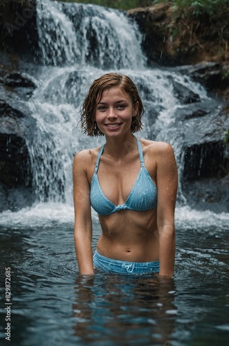 Hot woman at a waterfall swimming in a light blue bikini while on vacation in Tennessee