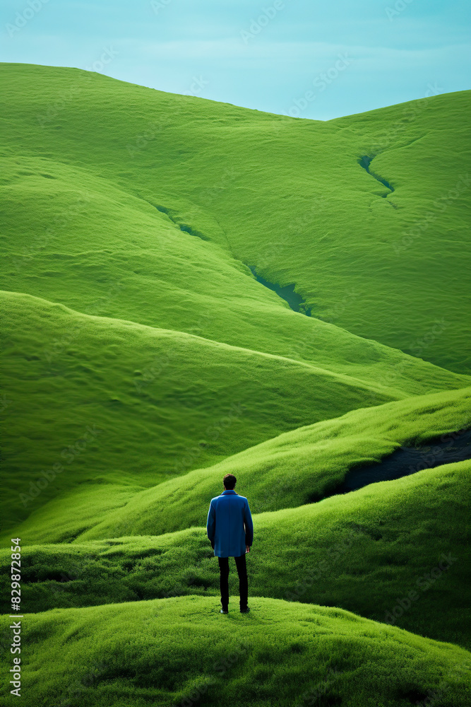 A person amidst vast green hills under a clear sky, evoking solitude and tranquility with a sense of depth A person amidst vast green hills under a clear sky, evoking solitude and tranquility with a sense of depth