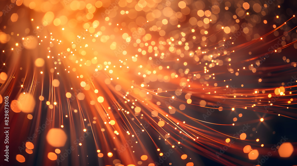 Obraz premium Abstract orange particles of optical fiber 3d illustration. Generative AI.