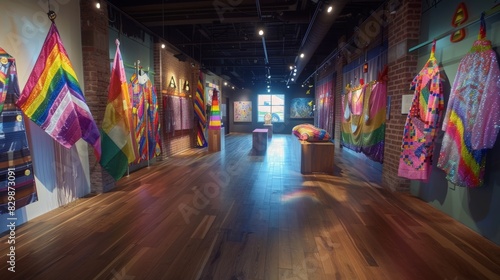 LGBTQA+ , LGBT :  Vibrant LGBTQA+ Fashion Exhibit: Rainbow Outfits and Pride Flags in Photorealism Detail