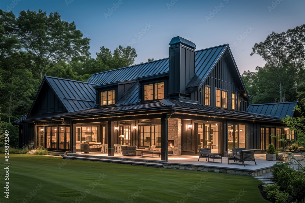 a large, modern house with a dark facade, expansive windows, and is nestled among trees at dusk a large, modern house with a dark facade, expansive windows, and is nestled among trees at dusk