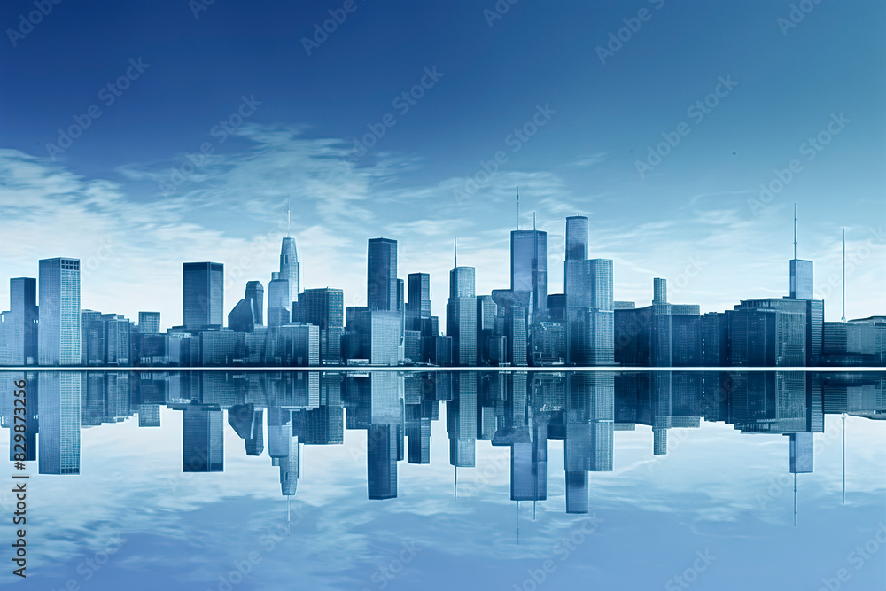 a serene cityscape with skyscrapers reflecting in still water under a bright, cloudless blue sky