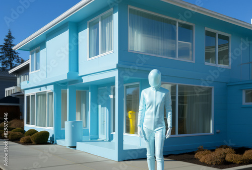 Tranquil Pastel Blue House with Unique Architecture and Man Sculpture © DigitalMuse