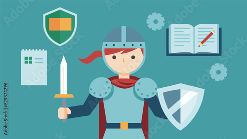 A student dressed as a medieval knight explaining the code of chivalry and weaponry of the time.. Vector illustration
