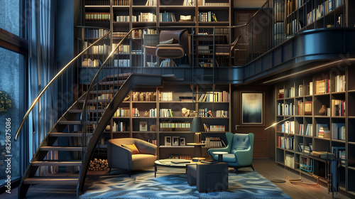 there is a room with a staircase and a book shelf photo