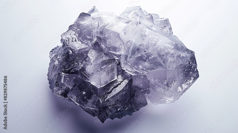 Top view of a single large Sodium Hydroxide crystal on a white surface, isolated background, studio lighting