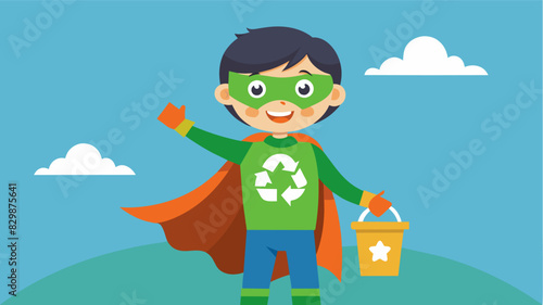 A student dressed in a recycling superhero costume inspiring their classmates to become recycling heroes and join the cause.. Vector illustration