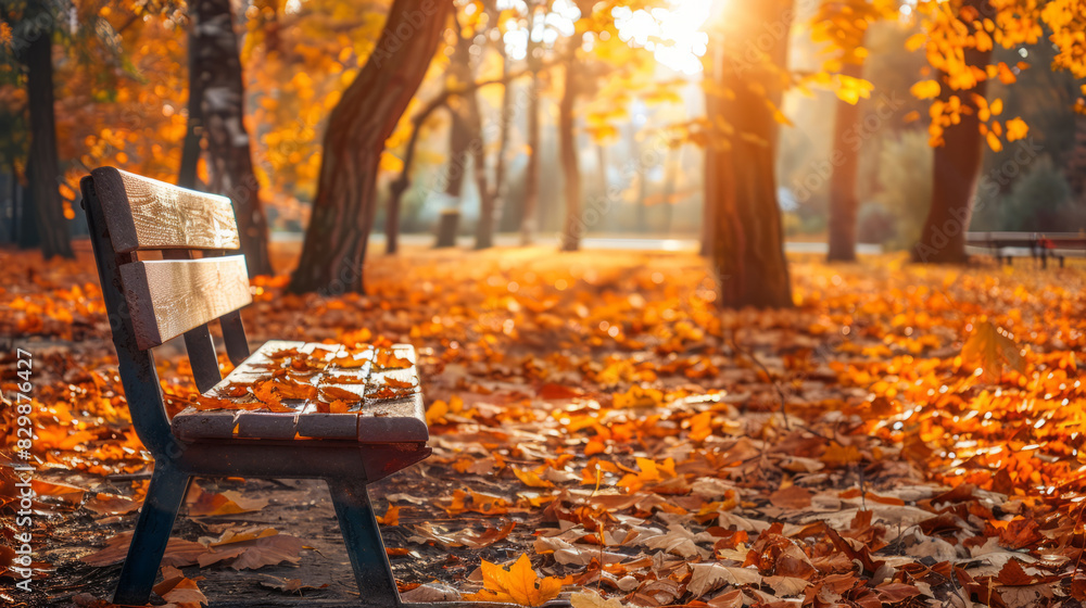 Empty park bench during a serene autumn sunrise