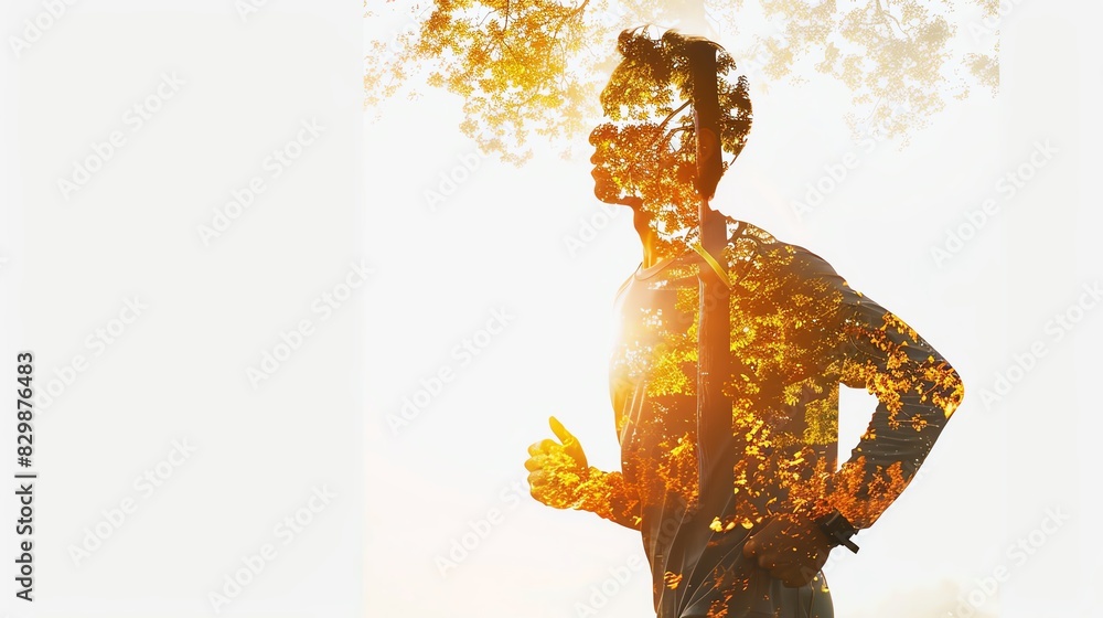 Fototapeta premium Person jogging in park, isolate on white background, copy space, vivid tones, Double exposure silhouette with nature and fitness