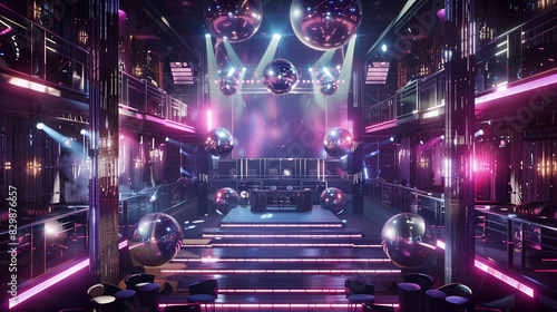 there is a room with a stage and disco lights photo