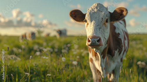 there is a cow that is standing in the grass with a sky background