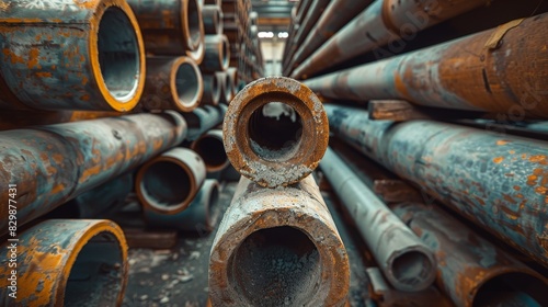 Intimate view of cement pipes in an open storage area, focusing on the rough details and alignment of the pipes