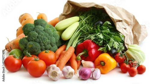 Fresh vegetables are full in the paper bag  and some of them are spilling out