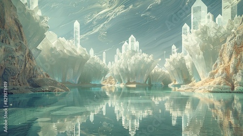 A parallel universe where floating crystal shards form a labyrinth above a tranquil, mirrored lake. The digital artwork uses a minimalist approach to emphasize the fantastical and surreal nature of photo