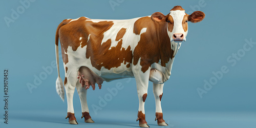  Brown and white cow isolated on blue background. 3d rendering and illustration. With copy space,